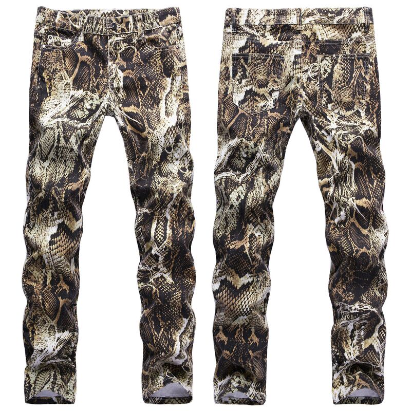 Cross-Border Men's snakeskin slim-fit trendy men's hip hop cool printed snake pattern night show singer performance jeans Cross-Border Men's snakeskin slim-fit trendy men's hip hop cool printed snake pattern night show singer performance jeans