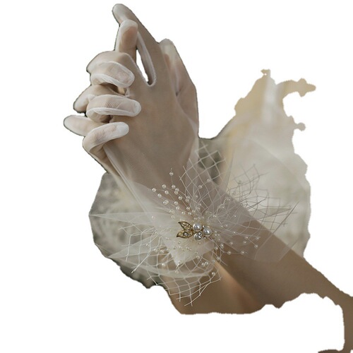 Factory hair wedding dress gloves lace fairy style bride wedding flowers white gauze pearl short style spring autumn summer women