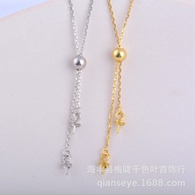 S925通体纯银珍珠吊坠收缩链双珠项坠 多珠硅胶调节锁骨链 保色