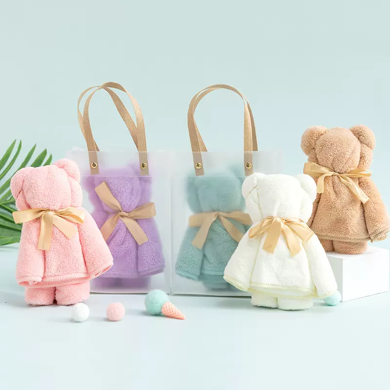 珊瑚绒小熊造型毛巾伴手礼毛巾熊随手礼pvc手提袋包装礼品巾批发