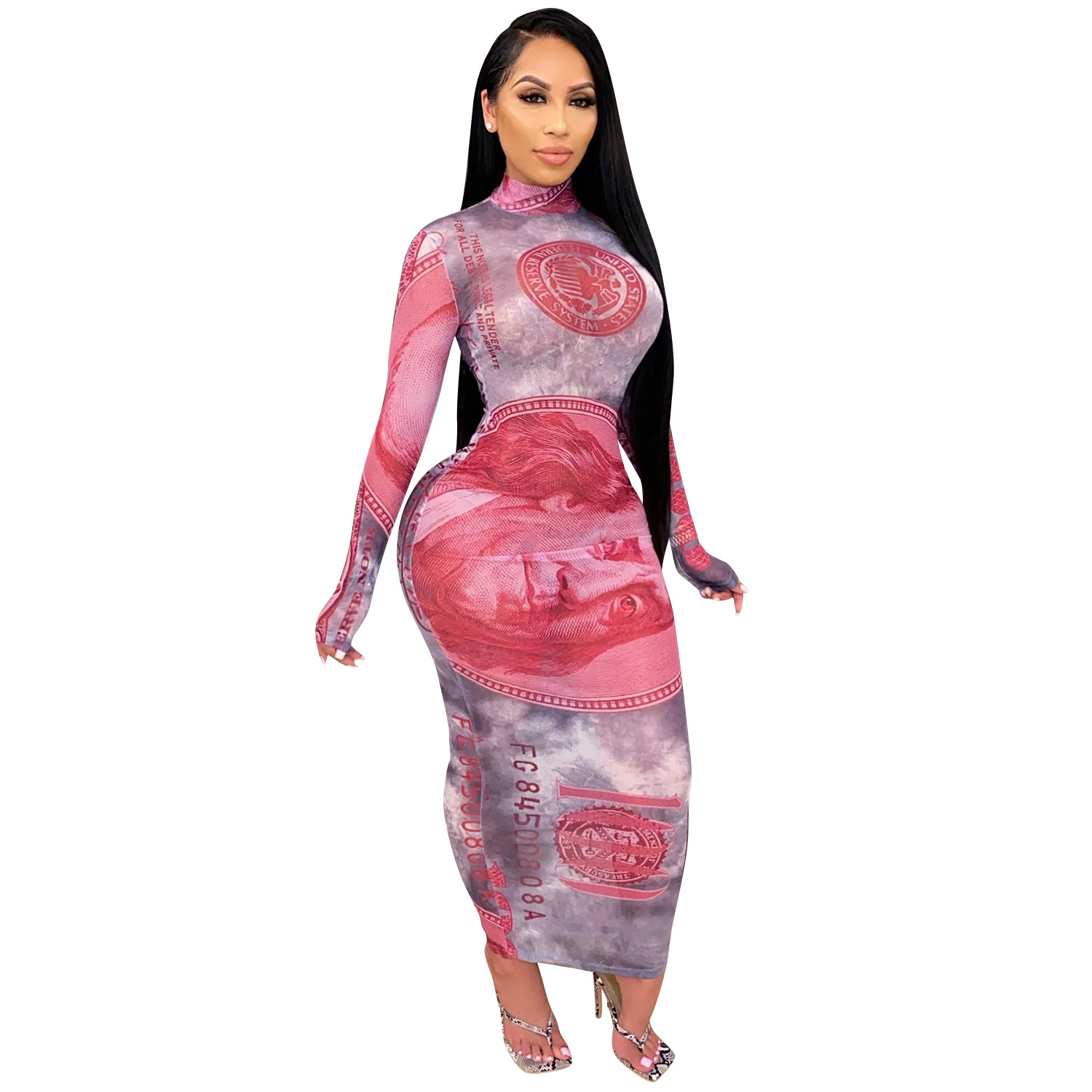X3766 Otoño e Invierno nuevos productos europeos y americanos AliExpress Amazon sexy malla perspectiva posicionamiento impresión USD vestido image 6