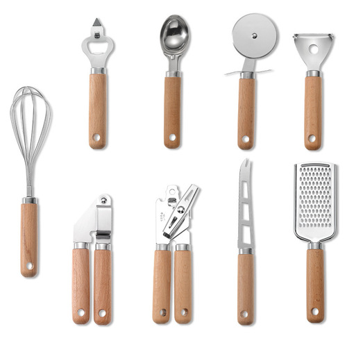 Wooden handle kitchen gadgets small kitchenware set baking set pizza cheese knife stainless steel egg beater