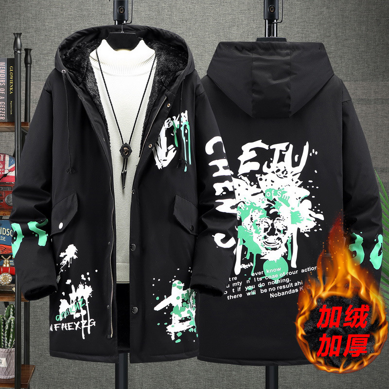 Large Size Parker Men's Mid-Length Fleece-Lined Thickened Fat Winter Cotton Coat Plus Fat Plus Plus Trendy Printed Cotton Coat