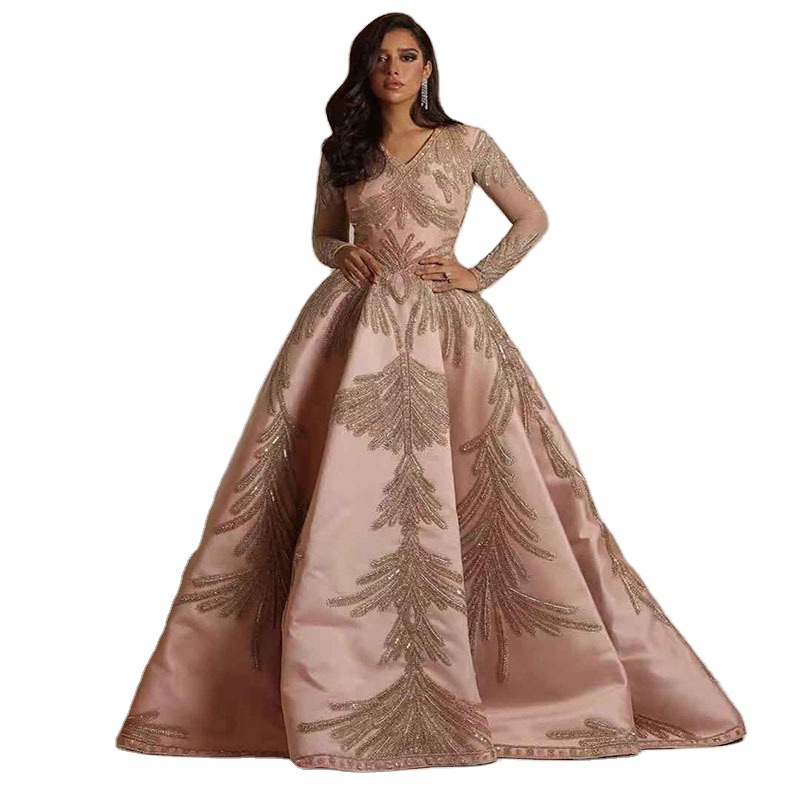 Vestido Largo con Estampado Dorado, Estilo Europeo y Americano, Primavera 2025, para Mujer, Comercio Exterior, Plataforma Independiente, Vestido de Noche Sexy para Banquetes, Color Rosa