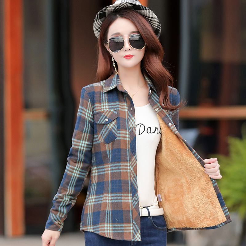 2025 Winter New Women's Cotton fleece-lined Warm Plaid Shirt Women's Korean-style Slim-fit All-match Women's Shirt 2025 Winter New Women's Cotton fleece-lined Warm Plaid Shirt Women's Korean-style Slim-fit All-match Women's Shirt
