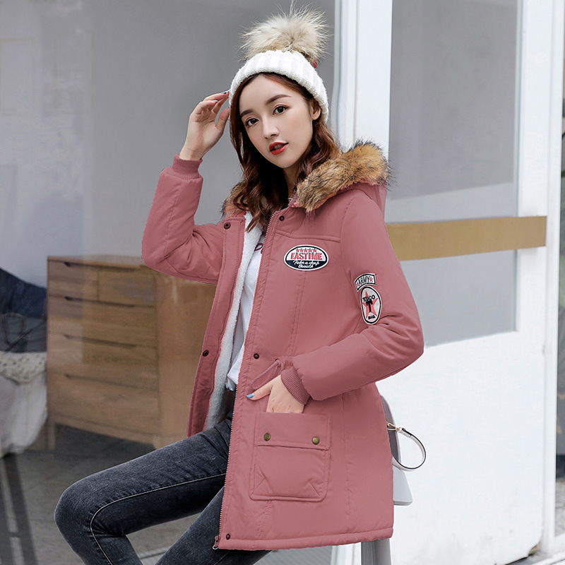 2023 otoño e invierno nuevo estilo coreano con capucha engrosada cálida chaqueta acolchada de algodón de longitud media más tamaño ropa de trabajo chaqueta acolchada de algodón para mujer