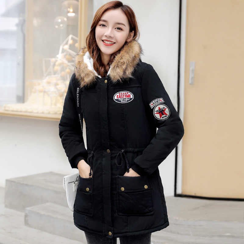 2023 otoño e invierno nuevo estilo coreano con capucha engrosada cálida chaqueta acolchada de algodón de longitud media más tamaño ropa de trabajo chaqueta acolchada de algodón para mujer