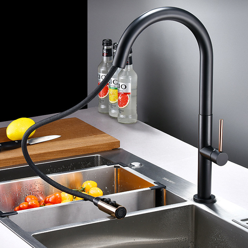 Grifo de extracción de cocina de cobre nórdico transfronterizo, fregadero frío y caliente, lavabo de verduras, grifo de lavabo de comercio exterior negro
