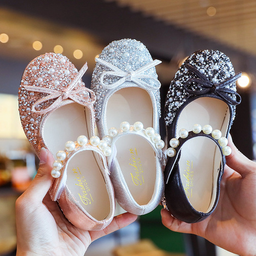 Girls high heels 2024 little girl leather shoes soft sole Elsa princess shoes children's crystal shoes flash baby shoes