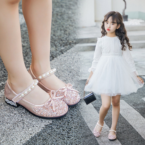 Girls high heels 2024 little girl leather shoes soft sole Elsa princess shoes children's crystal shoes flash baby shoes