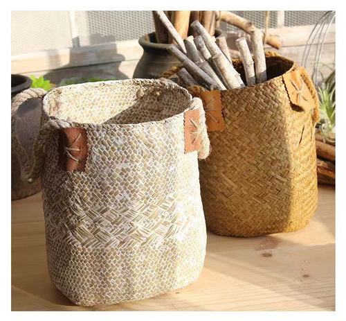 Pastoral bamboo woven straw portable hemp rope seaweed dried flower barley bulrush woven basket portable