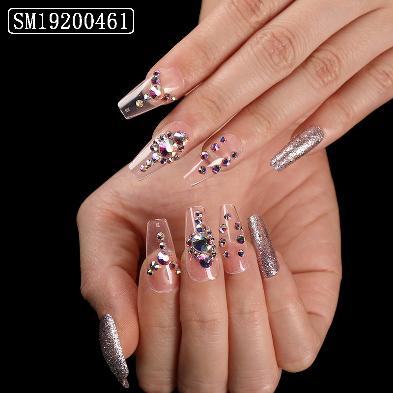 Finger Ballet Nails, Trapezoidal Coffin Nails, Silver Glitter Fake Nails, Colorful Diamond Crystal Wearable Nails with Sparkling Rhinestones