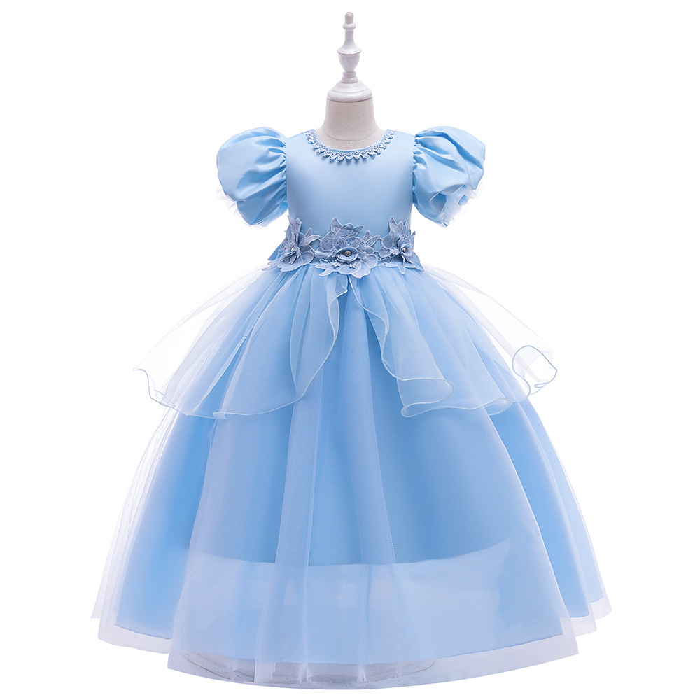 2024 Cenicienta nueva burbuja manga niños vestido princesa vestido medio y grande malla mullido niñas vestido de noche