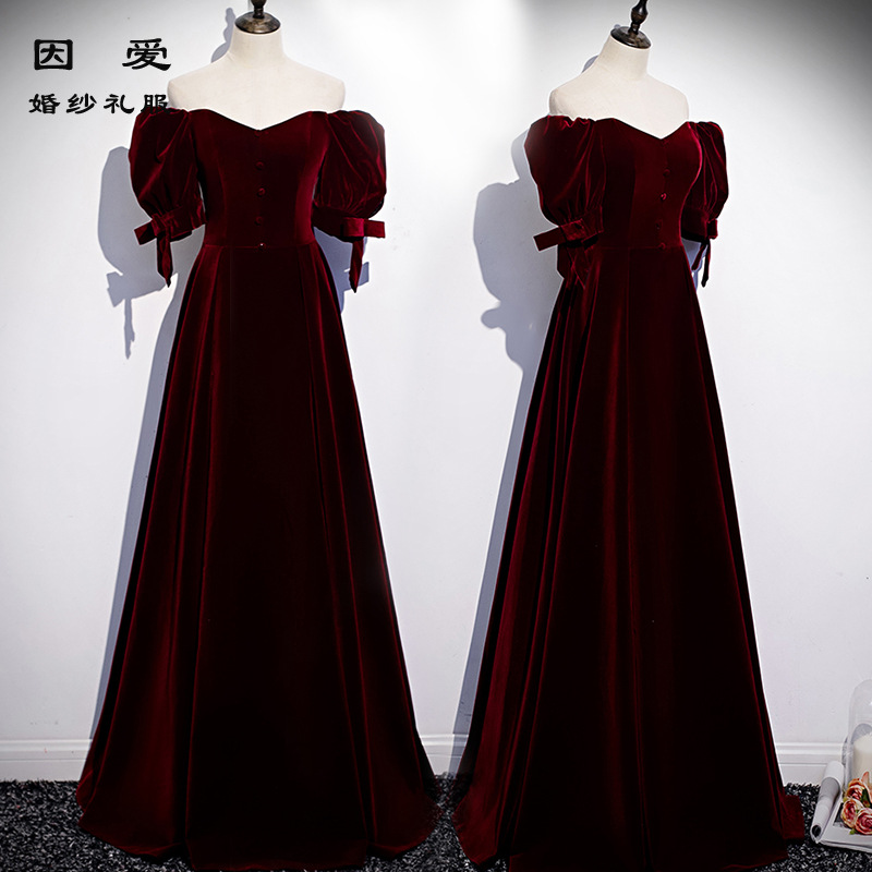Spring New Style Celebrity Wedding Dress Retro One-Shoulder Burgundy Evening Dress Velvet Evening Dress Dress