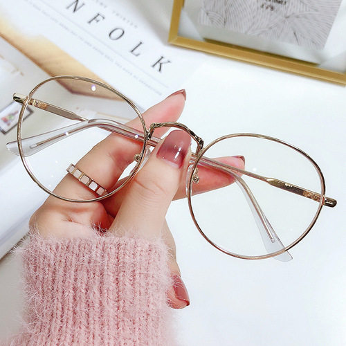 Anti-blue light flat-tinted glasses in Xiao Zhan's style, popular round-frame glasses with degrees for women, metal thick edge, student finished product, myopia glasses