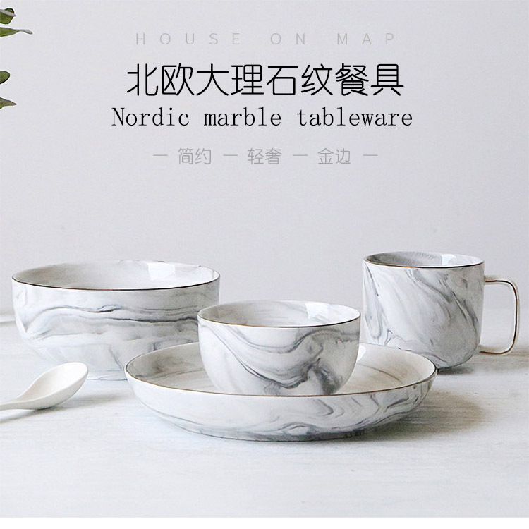 Stone-Patterned Tableware Set, Nordic Ceramic Tray, Marble Plate, Household Ins-Style Light Luxury Gold-Edged Bowls and Plates