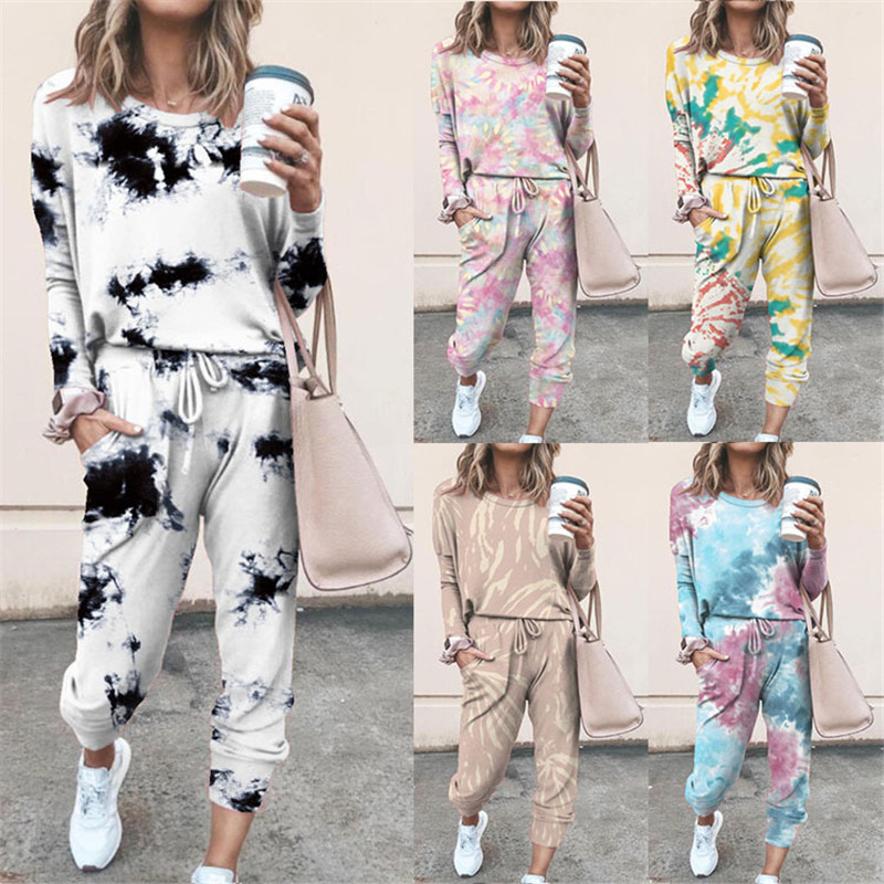 Cross-border Foreign Trade Spring and Autumn European and American Women's Printing Tie-dyeing Two-piece Set Fashion Casual Home Clothes Long-sleeved suit Women