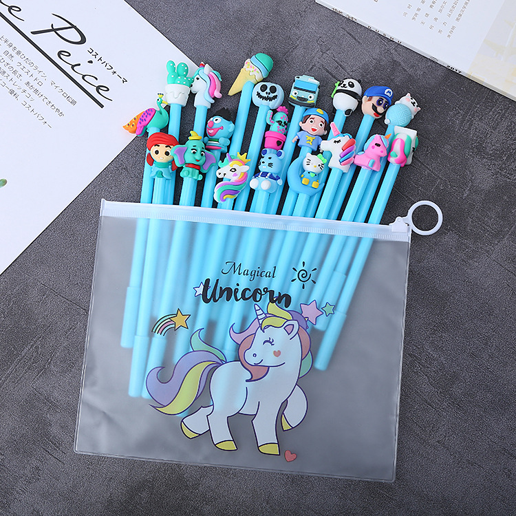 Estudiante gel pluma combinación traje 20 piezas caja de lápiz libre Oficina papelería firma pluma tridimensional muñeca cabeza pluma de agua