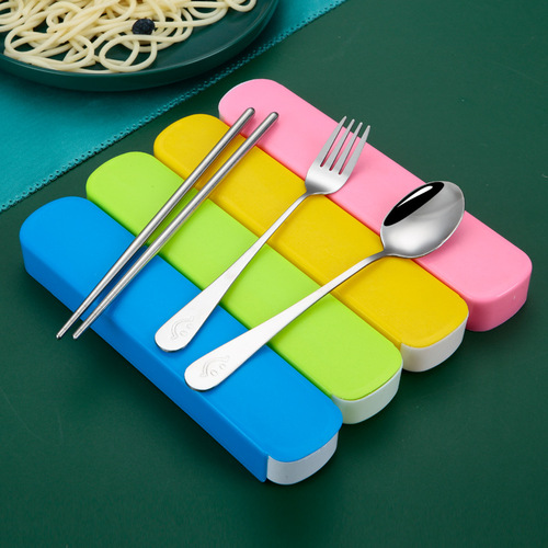 A complete set of stainless steel tableware, including spoons and chopsticks, portable tableware set, one set of spoons and chopsticks, and a three-piece set of knife and fork.