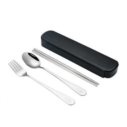 A complete set of stainless steel tableware, including spoons and chopsticks, portable tableware set, one set of spoons and chopsticks, and a three-piece set of knife and fork.