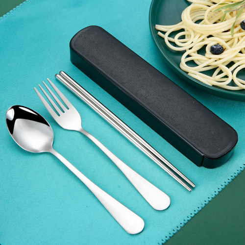 A complete set of stainless steel tableware, including spoons and chopsticks, portable tableware set, one set of spoons and chopsticks, and a three-piece set of knife and fork.