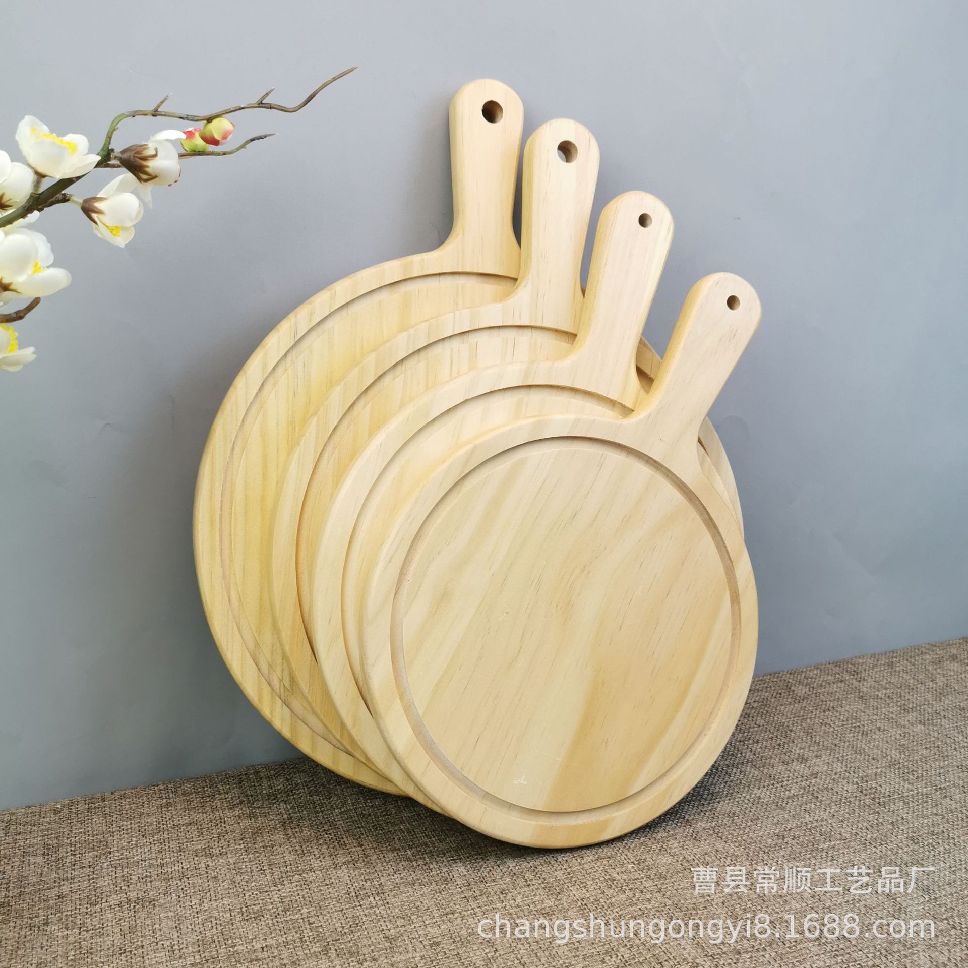 餐厅咖啡厅圆形披萨板 实木厨房用品手柄式披萨托盘 木质面包托