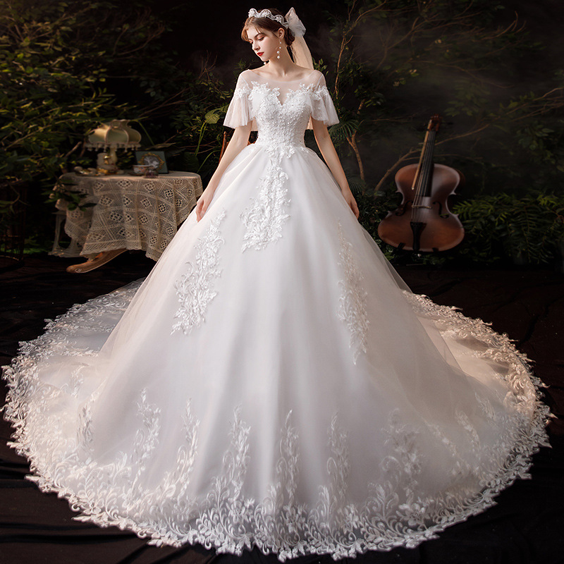 Vestido de Novia de Estilo Francés para Comercio Exterior, Modelo 2025, Nuevo, Lujoso, con Cola Larga, Cubre Brazos, Talla Grande, Venta al por Mayor, TD70