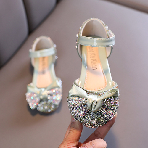 Girls' single shoes spring and summer new casual colorful diamond bow small and medium children's dance shoes performance shoes 