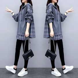 含棉加绒秋冬韩版女装休闲拼接大码宽松连帽时尚卫衣假两件中长款
