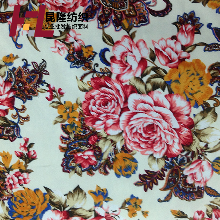 新款弹力贡缎活性印花棉布面料 全棉缎纹印花服装用布厂家直销