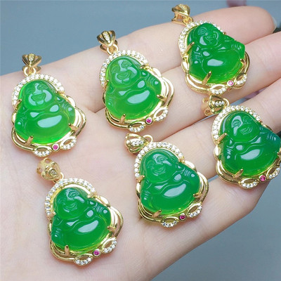 批发925银镶嵌高冰绿玉髓平佛吊坠情侣款弥勒佛玉石挂件|ms
