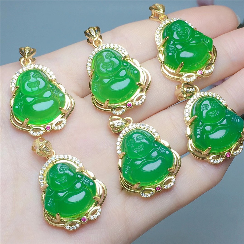 批发925银镶嵌高冰绿玉髓平佛吊坠情侣款弥勒佛玉石挂件|ms