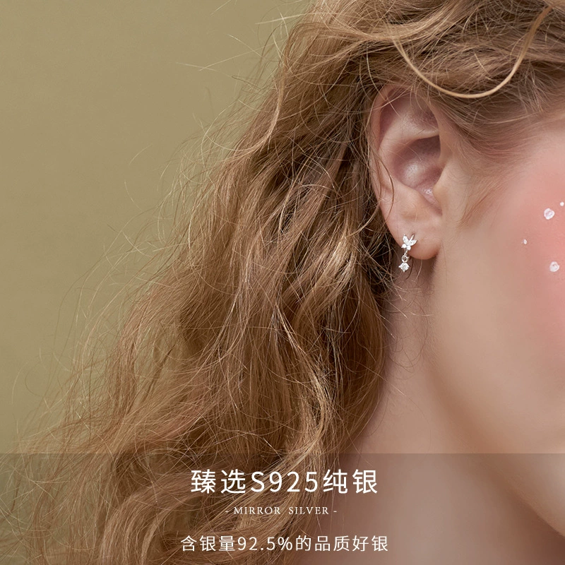 Fashionable cute small design short earrings with bow, silver 925 sample, Korean style
