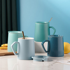 網紅ins風撞色北歐陶瓷馬克杯 簡約帶蓋帶勺創意家用水杯子咖啡杯