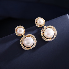 925银针韩国东大门耳坠天然珍珠耳环名媛气质复古锆石几何耳饰女