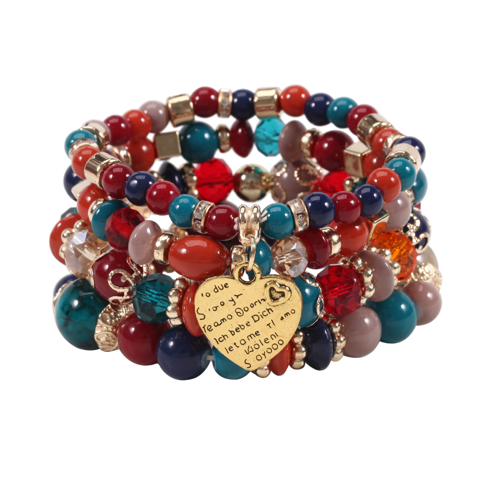 Bohemian Beaded Heart Bracelet Set, Four Piece Elastic Accessory_voghion.com