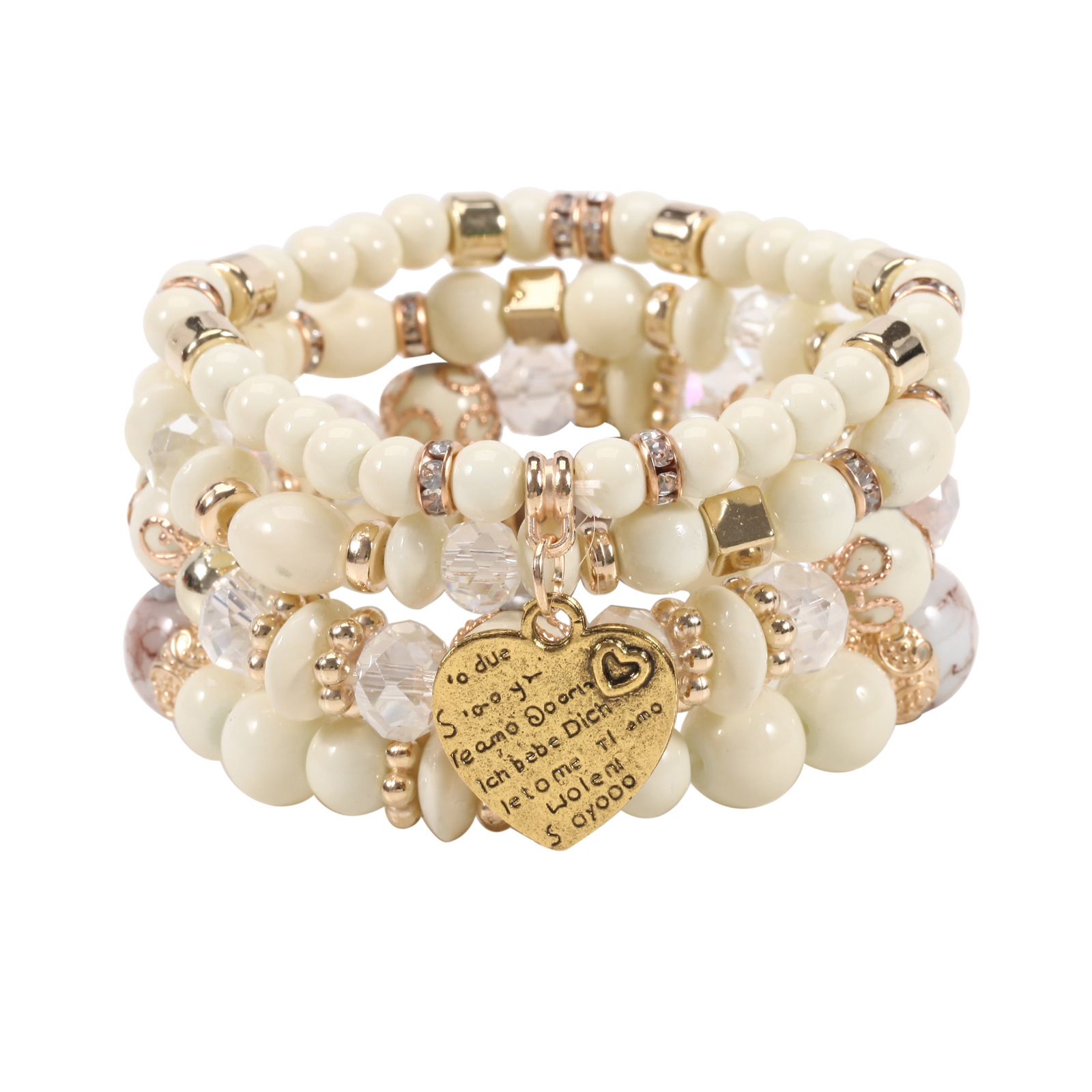 Bohemian Beaded Heart Bracelet Set, Four Piece Elastic Accessory_voghion.com