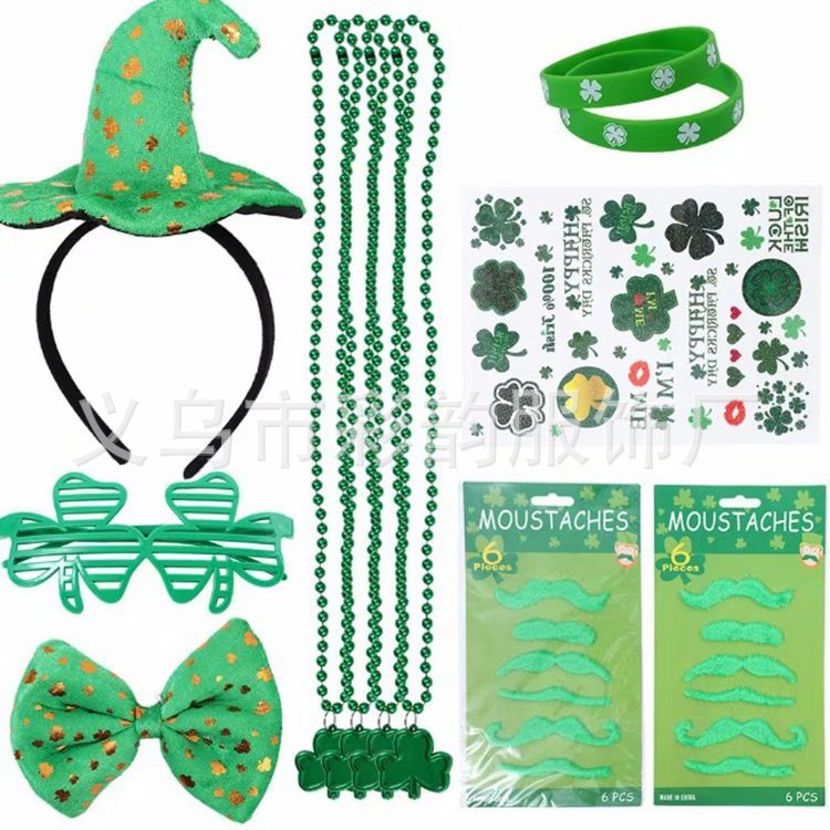 Mayorista en stock irlandés verde trébol doble conjunto de día de San Patricio brazalete de cuentas cadena gorro