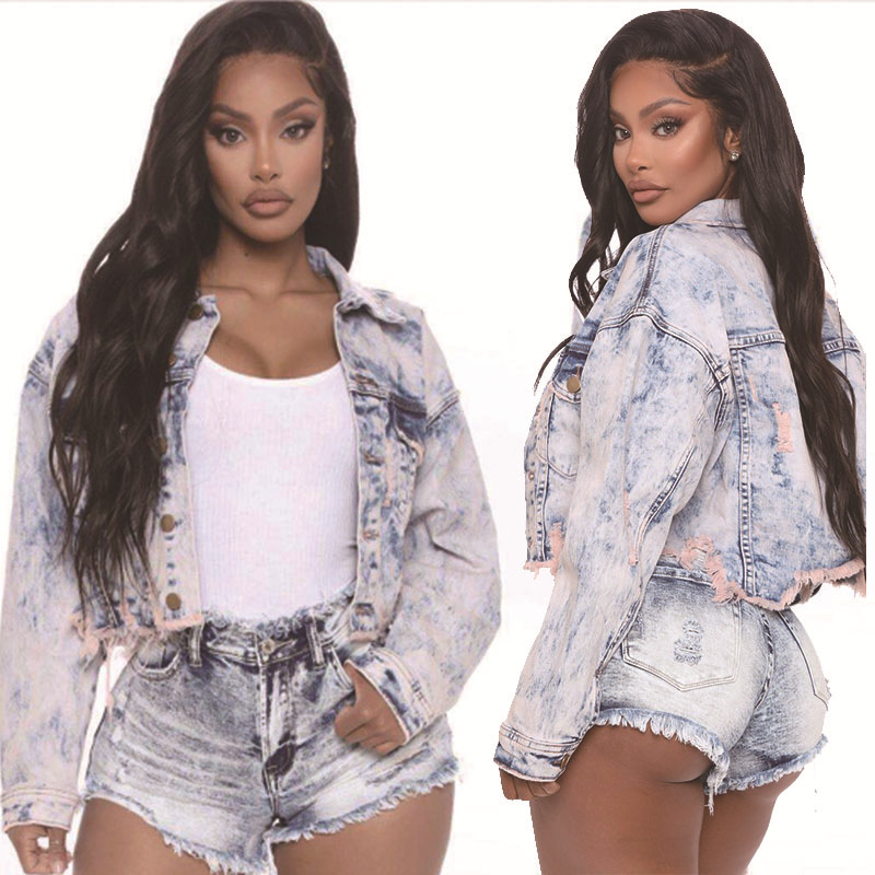 Fábrica en stock al por mayor de Europa y América Amazon Internet celebridad mismo estilo cintura baja apretado levantamiento cadera ripped borla ropa las mujeres Denim corto