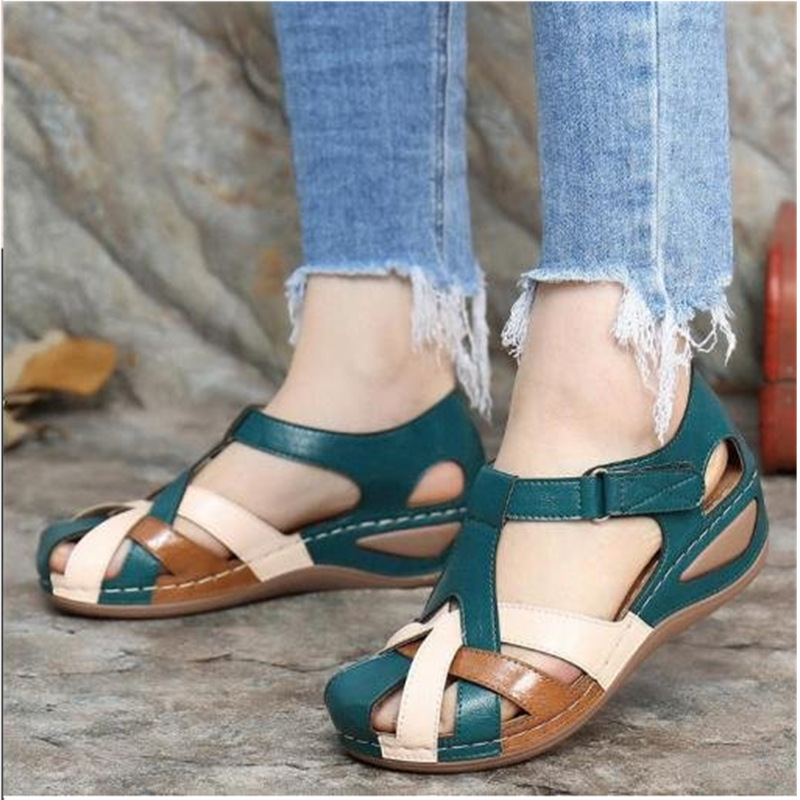 Amazon Foreign Trade Women's Shoes Summer New European and American Retro Round Toe Wedge Cross Strap Women's Sandals Large Size Women's Shoes
