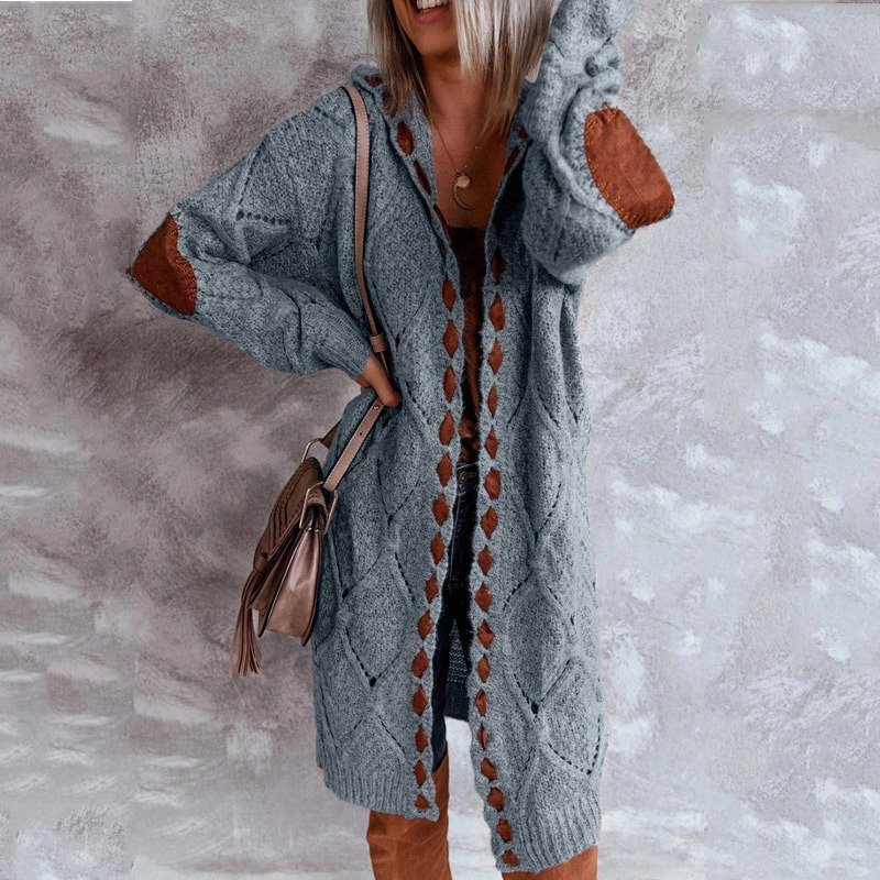 2023 transfronteriza Amazon Otoño e Invierno terciopelo cuero costura abrigo color coincidencia de punto largo con capucha suéter cardigan abrigo para las mujeres
