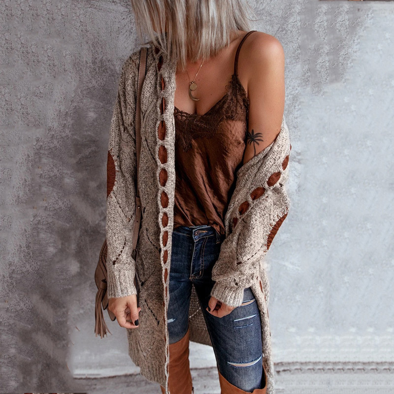 2023 transfronteriza Amazon Otoño e Invierno terciopelo cuero costura abrigo color coincidencia de punto largo con capucha suéter cardigan abrigo para las mujeres