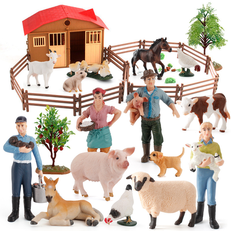 仿真家禽鸡鹅奶牛农场动物模型DIY动植物场景围栏房子玩具套装