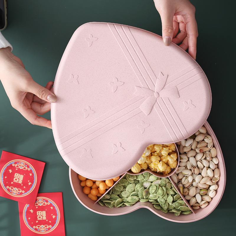 Trigo plato de fruta del hogar en forma de corazón plato de fruta seca caja de dulces de vacaciones caja de fruta seca caja de almacenamiento de aperitivos con tapa regalo image 4
