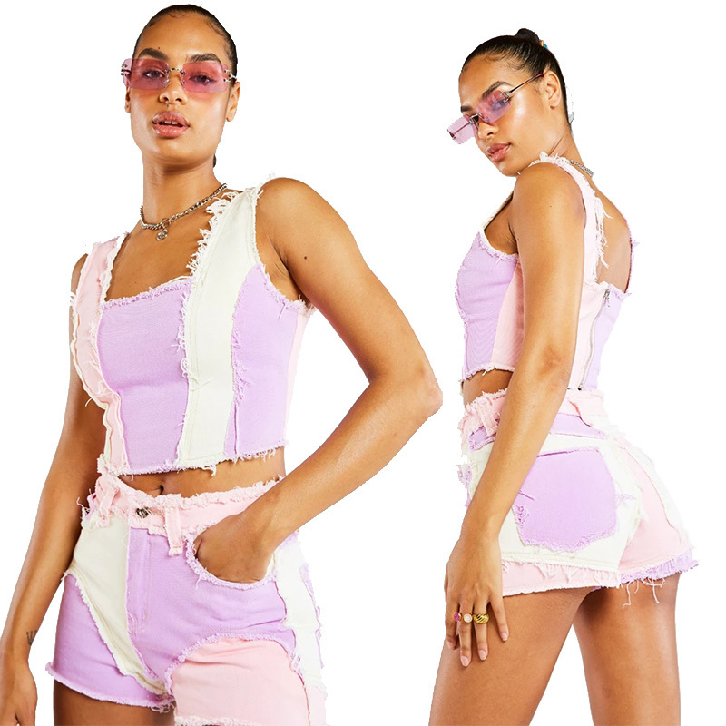 2023 summer factory direct supply Europe and the United States Amazon new high quality multi-color stitching stretch women's denim shorts