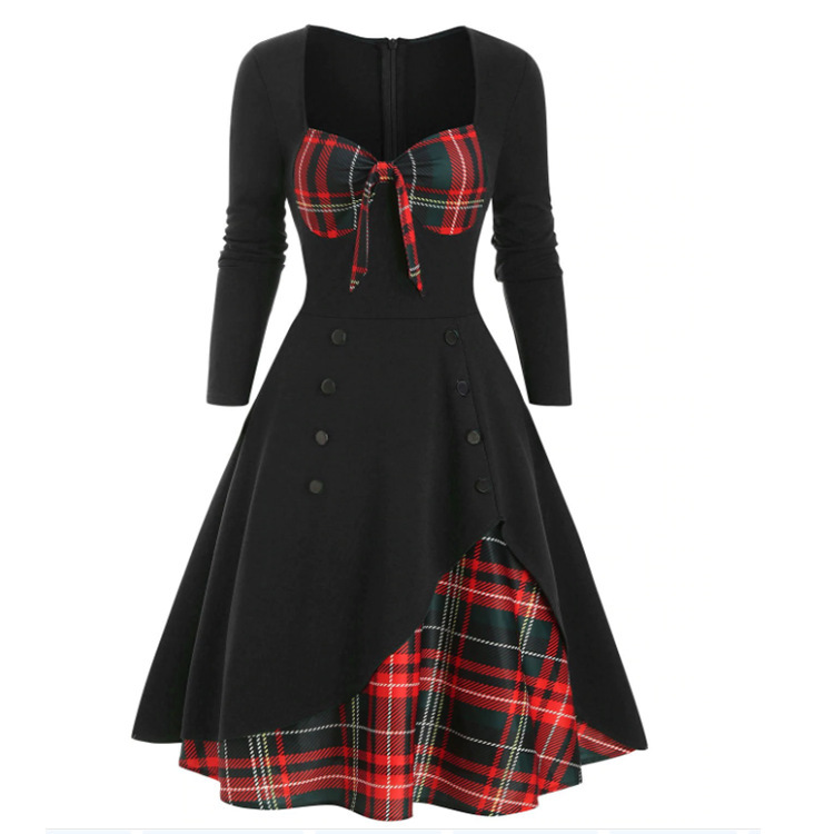 2025 Spring and Summer New Women's Contrast Color Patchwork Double-Breasted Swing Dress 2025 Spring and Summer New Women's Contrast Color Patchwork Double-Breasted Swing Dress
