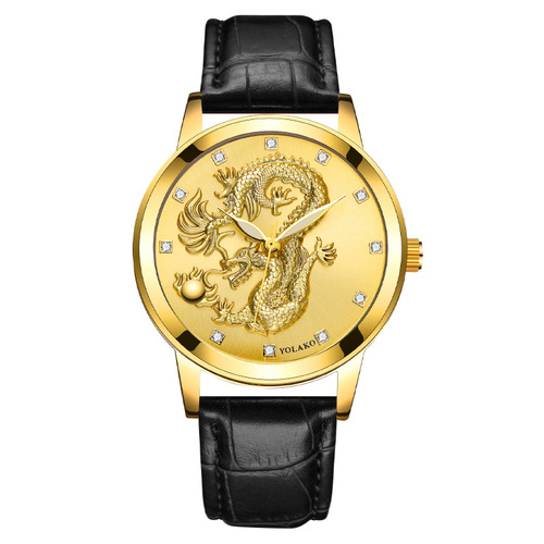 Chinese-style fashion diamond-studded dragon gold watch for men, men's quartz watch with leather strap model