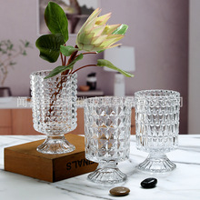北欧简约浮雕高脚玻璃花瓶透明 客厅插花酒店婚庆烛台风灯ins摆件