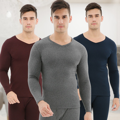 新款男士加绒保暖套装秋衣秋裤磨毛37温内衣热男式V领打底衫|ms