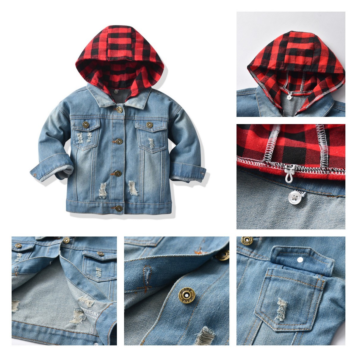 Children's clothing Korean boys plaid hooded coat small and medium-sized children's jeans baby ripped coat spot wholesale generation